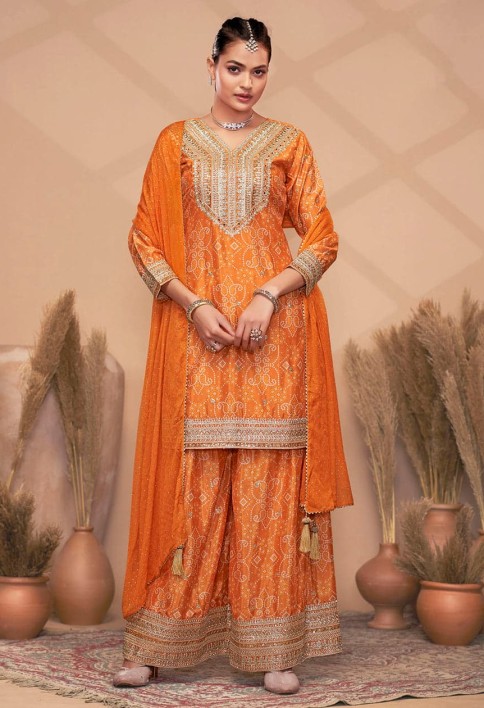 PREMIUM EMBROIDERED ORANGE TRENDY PALAZZO STYLE SUIT